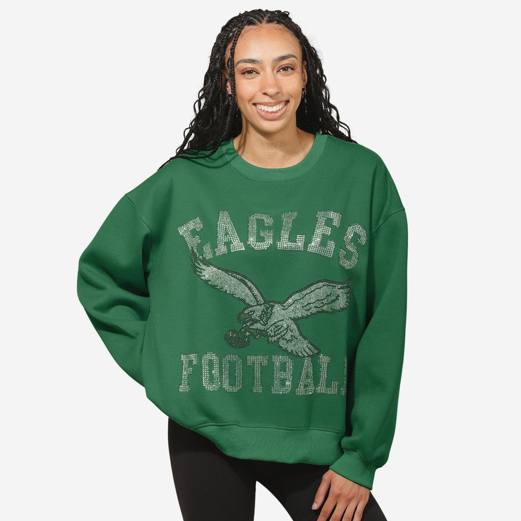 Philadelphia Eagles Womens Kelly Green Rhinestone Logo Oversized Crew Neck Sweatshirt