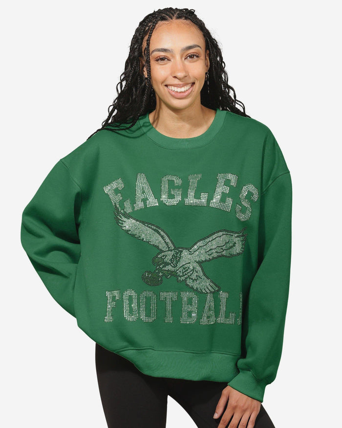 Philadelphia Eagles Womens Kelly Green Rhinestone Logo Oversized Crew Neck Sweatshirt FOCO S - FOCO.com
