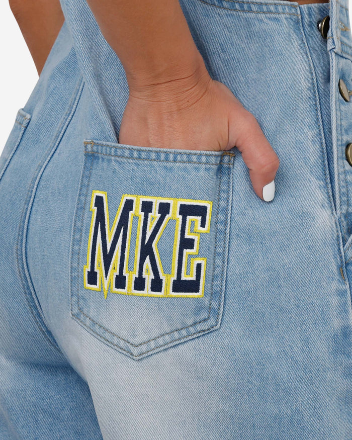 Milwaukee Brewers Womens Big Logo Denim Bib Shortalls FOCO - FOCO.com