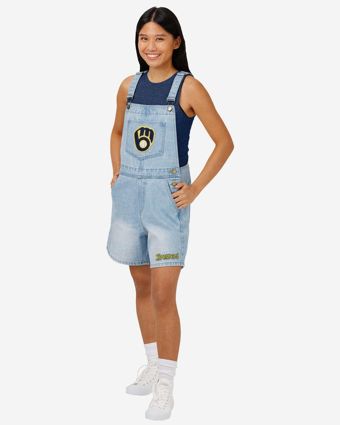 Milwaukee Brewers Womens Big Logo Denim Bib Shortalls FOCO M - FOCO.com