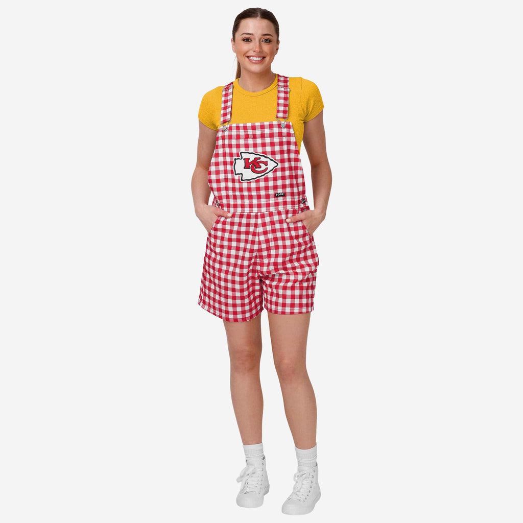 Kansas City Chiefs Womens Gingham Check Bib Shortalls FOCO XS - FOCO.com
