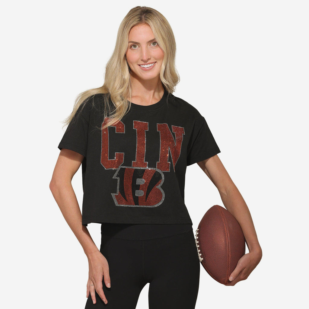 Cincinnati Bengals Womens Rhinestone Logo Crop Top FOCO S - FOCO.com