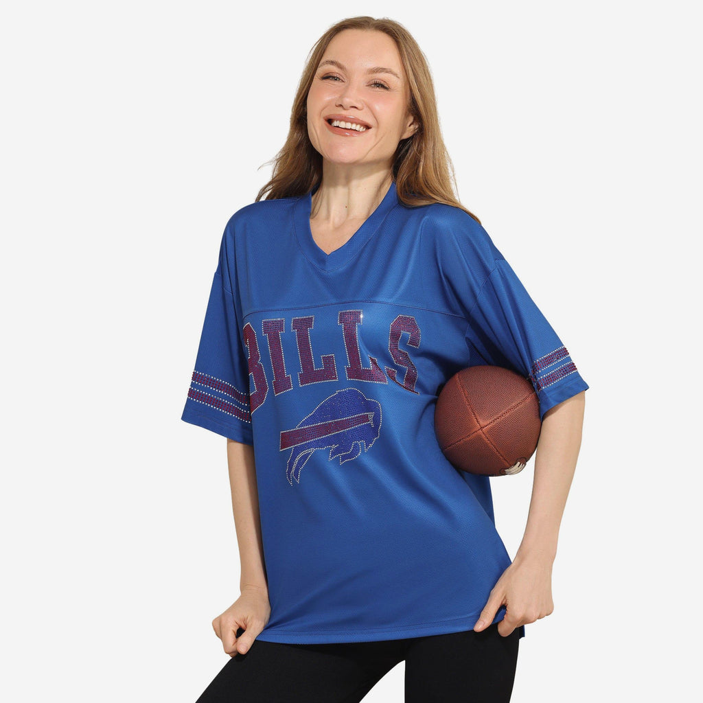 Buffalo Bills Womens Rhinestone Logo Oversized V-Neck Mesh T-Shirt FOCO S - FOCO.com