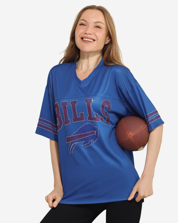 Buffalo Bills Womens Rhinestone Logo Oversized V-Neck Mesh T-Shirt FOCO S - FOCO.com