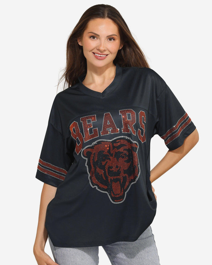 Chicago Bears Womens Rhinestone Logo Oversized V-Neck Mesh T-Shirt FOCO S - FOCO.com
