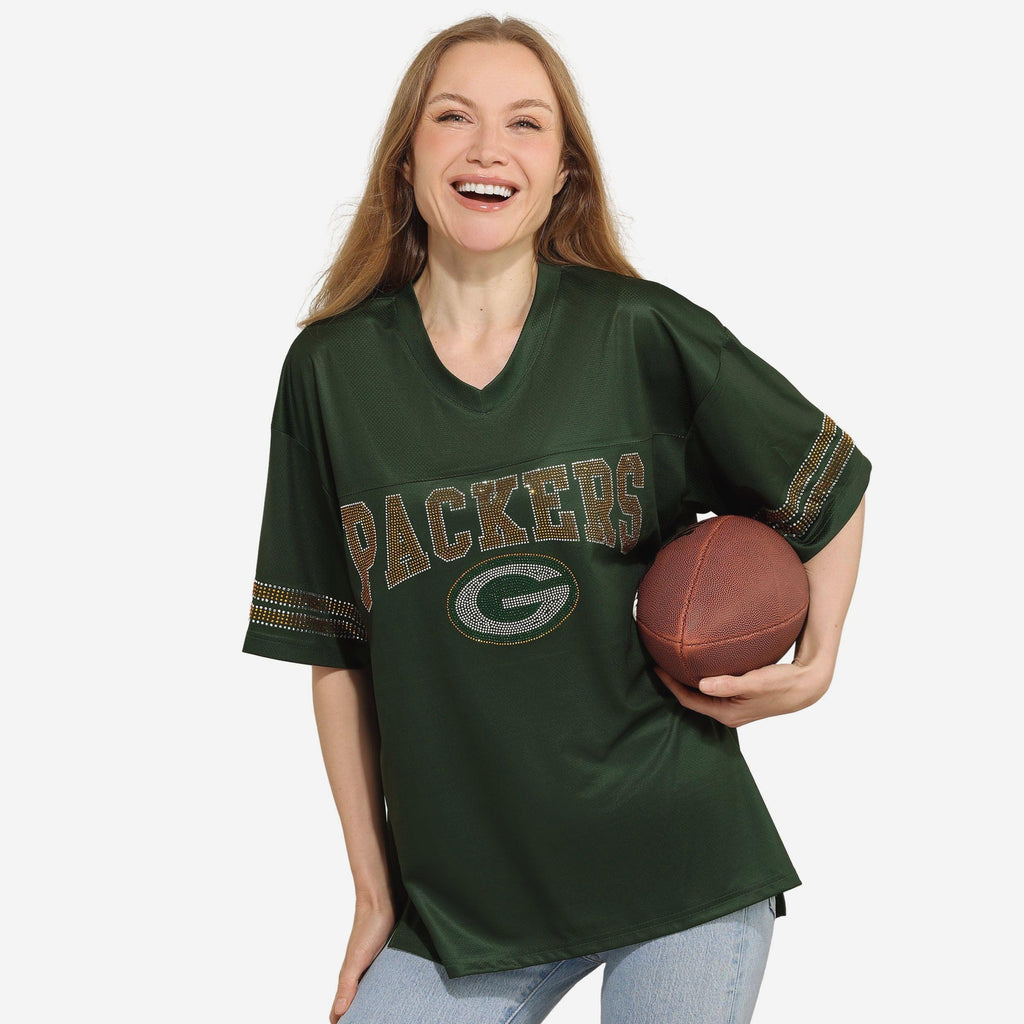 Green Bay Packers Womens Rhinestone Logo Oversized V-Neck Mesh T-Shirt FOCO S - FOCO.com