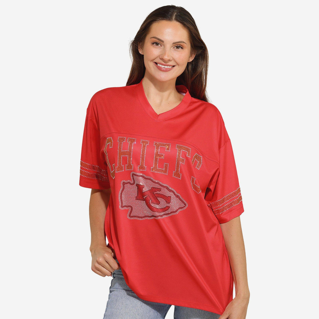 Kansas City Chiefs Womens Rhinestone Logo Oversized V-Neck Mesh T-Shirt FOCO S - FOCO.com