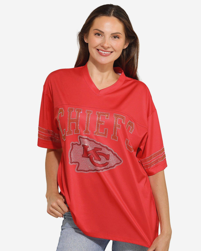 Kansas City Chiefs Womens Rhinestone Logo Oversized V-Neck Mesh T-Shirt FOCO S - FOCO.com