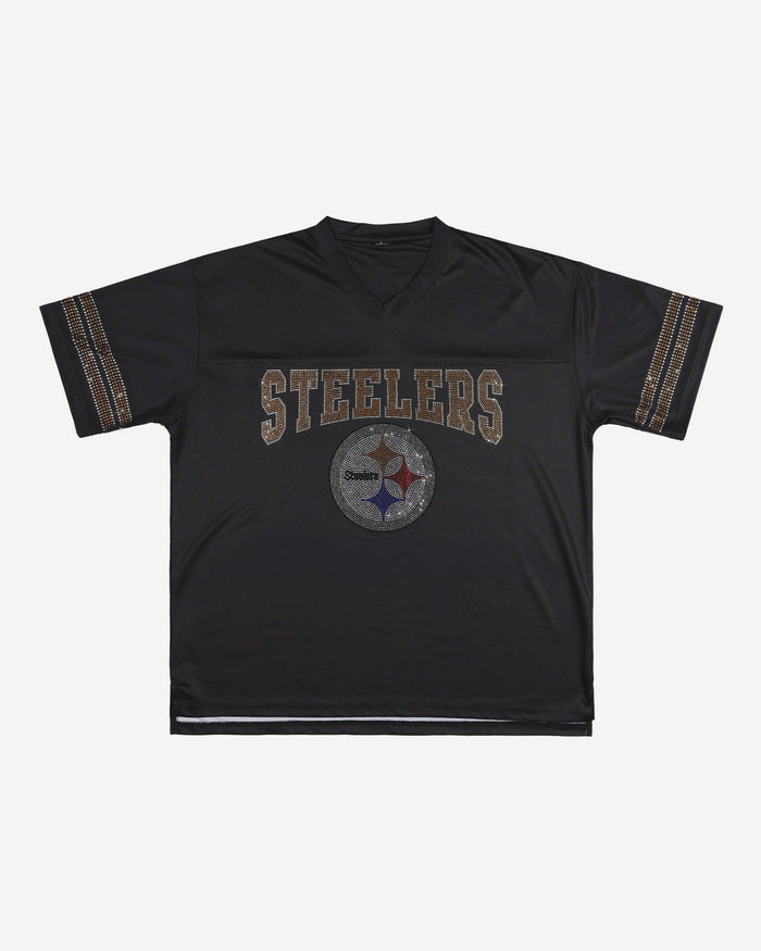 Pittsburgh Steelers Womens Rhinestone Logo Oversized V-Neck Mesh T-Shirt FOCO S - FOCO.com