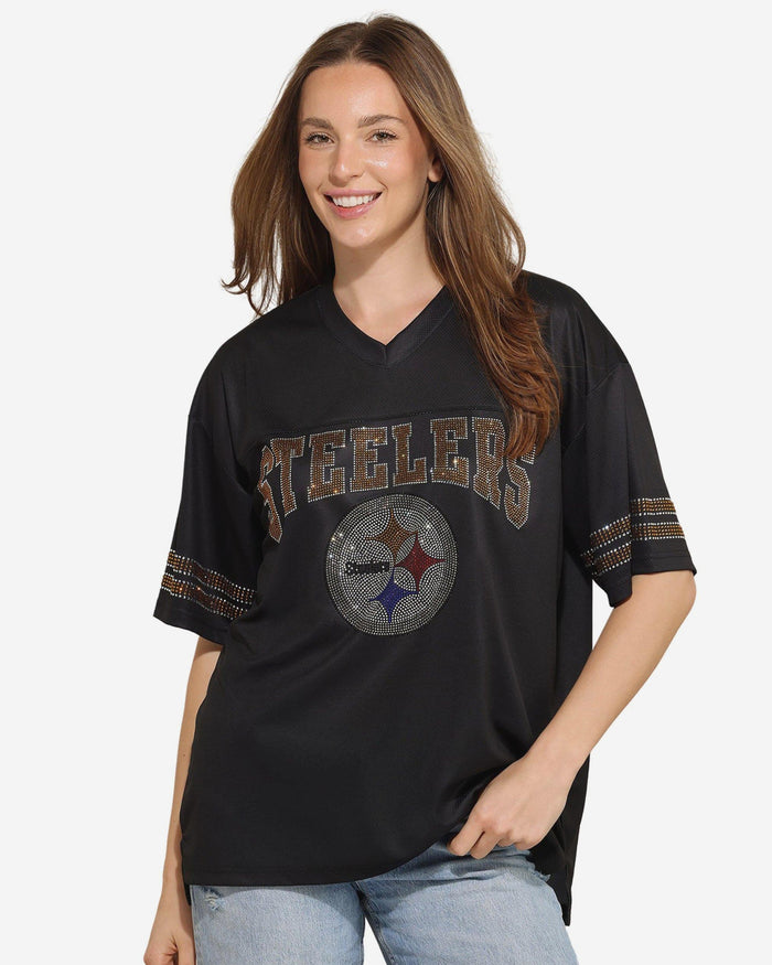 Pittsburgh Steelers Womens Rhinestone Logo Oversized V-Neck Mesh T-Shirt FOCO S - FOCO.com