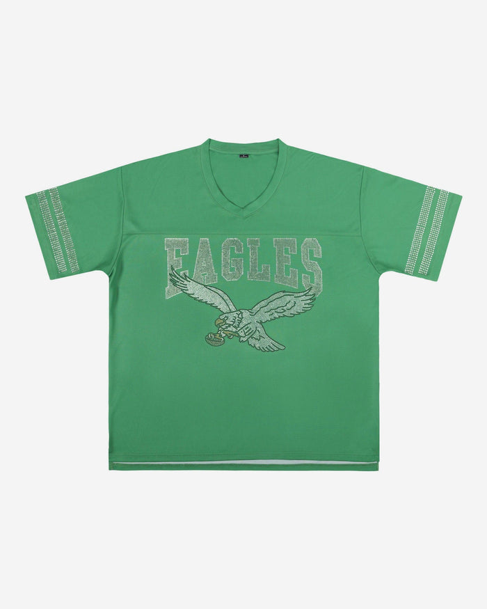 Philadelphia Eagles Womens Kelly Green Rhinestone Logo Oversized V-Neck Mesh T-Shirt FOCO S - FOCO.com
