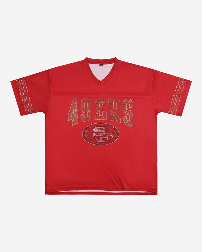 San Francisco 49ers Womens Rhinestone Logo Oversized V-Neck Mesh T-Shirt FOCO S - FOCO.com