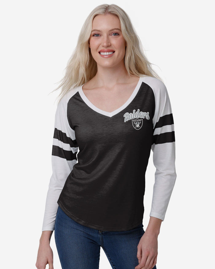 Las Vegas Raiders Womens Script Wordmark Striped Sleeve Raglan T-Shirt FOCO S - FOCO.com