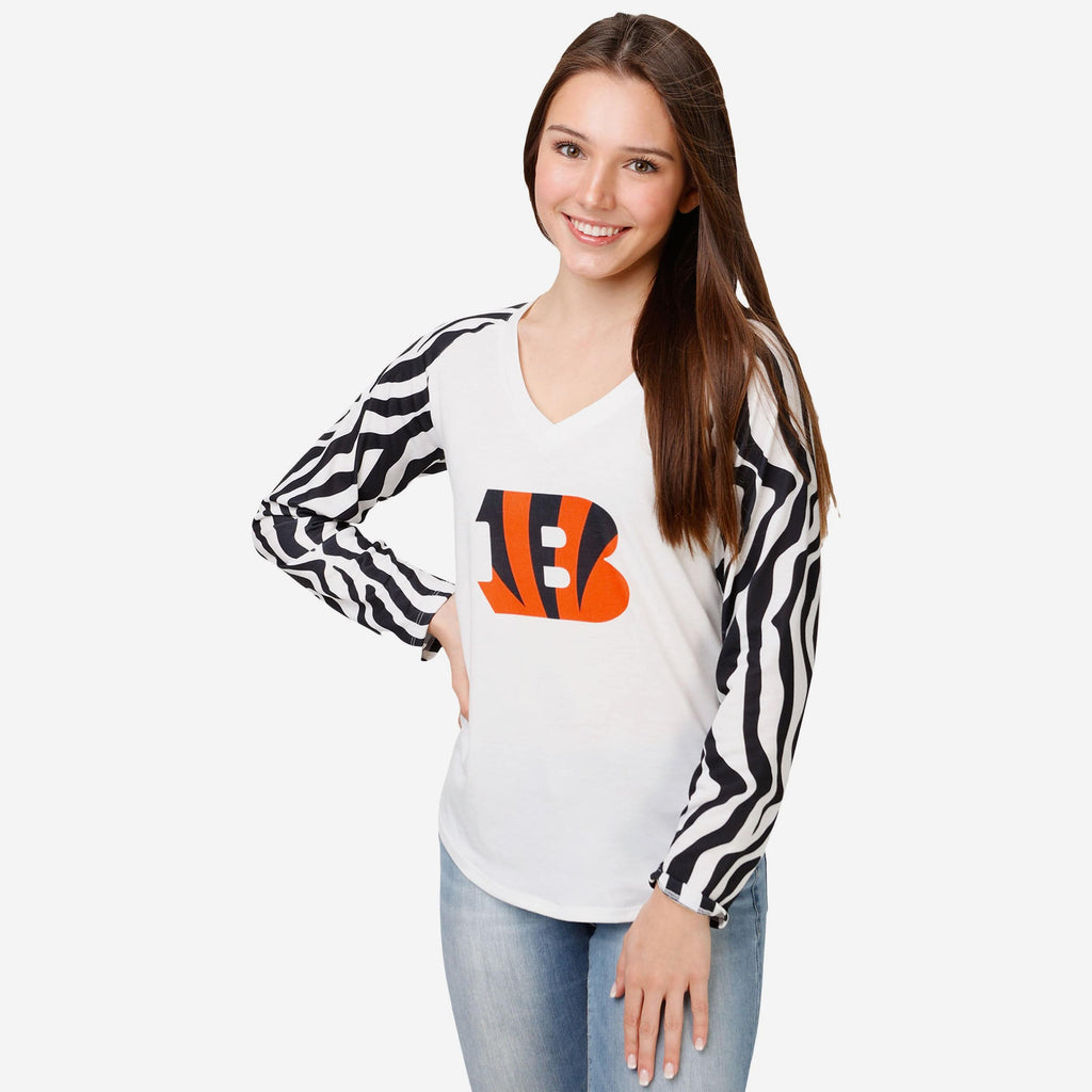 Cincinnati Bengals Womens White Stripe Big Logo Raglan Shirt FOCO S - FOCO.com