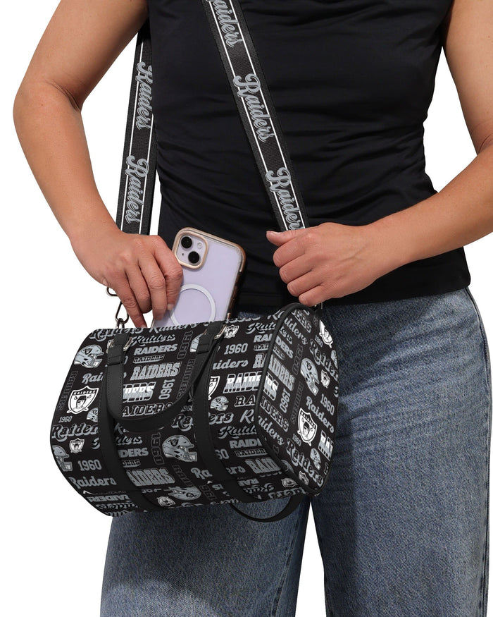 Las Vegas Raiders Repeat Retro Print Nylon Medium Barrel Bag