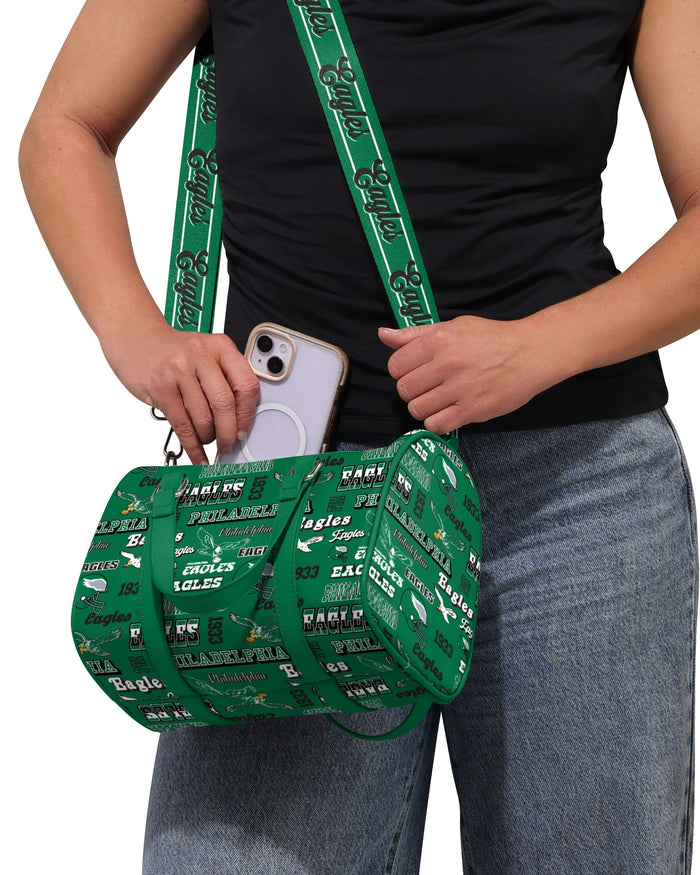 Philadelphia Eagles Kelly Green Repeat Retro Print Nylon Medium Barrel Bag