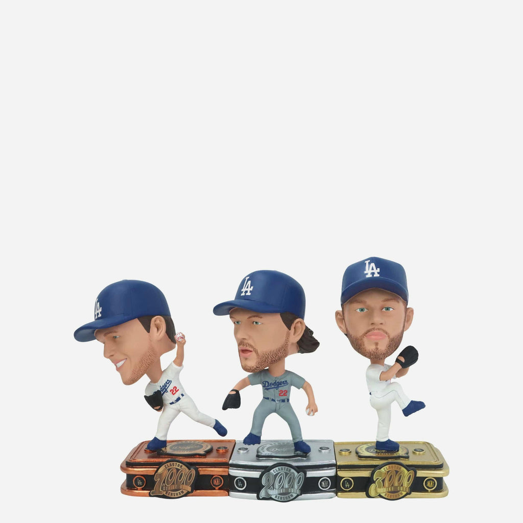 Clayton Kershaw Los Angeles Dodgers 3,000 Career Strikeouts Connecting Base 3 Pack Mini Bighead Bobblehead Set FOCO - FOCO.com