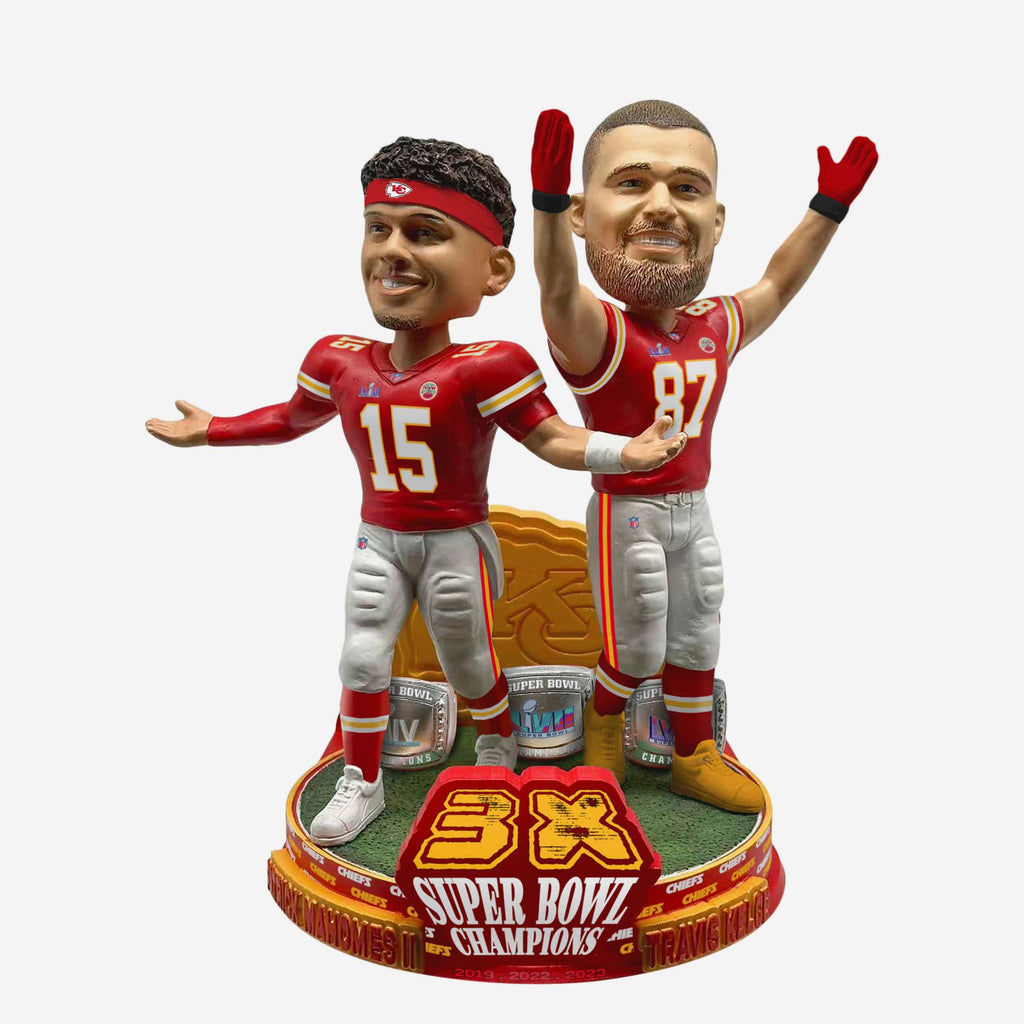Patrick Mahomes & Travis Kelce Kansas City Chiefs 3x Super Bowl LVIII Champions Dual Bobblehead FOCO - FOCO.com