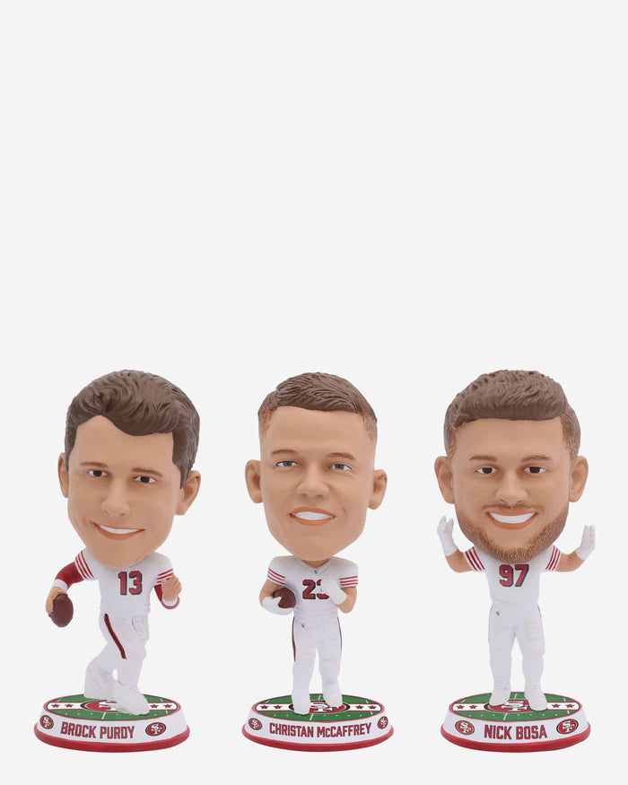 Brock Purdy & Christian McCaffrey & Nick Bosa San Francisco 49ers 3 Pack Field Stripe Mini Bighead Bobblehead Set FOCO - FOCO.com