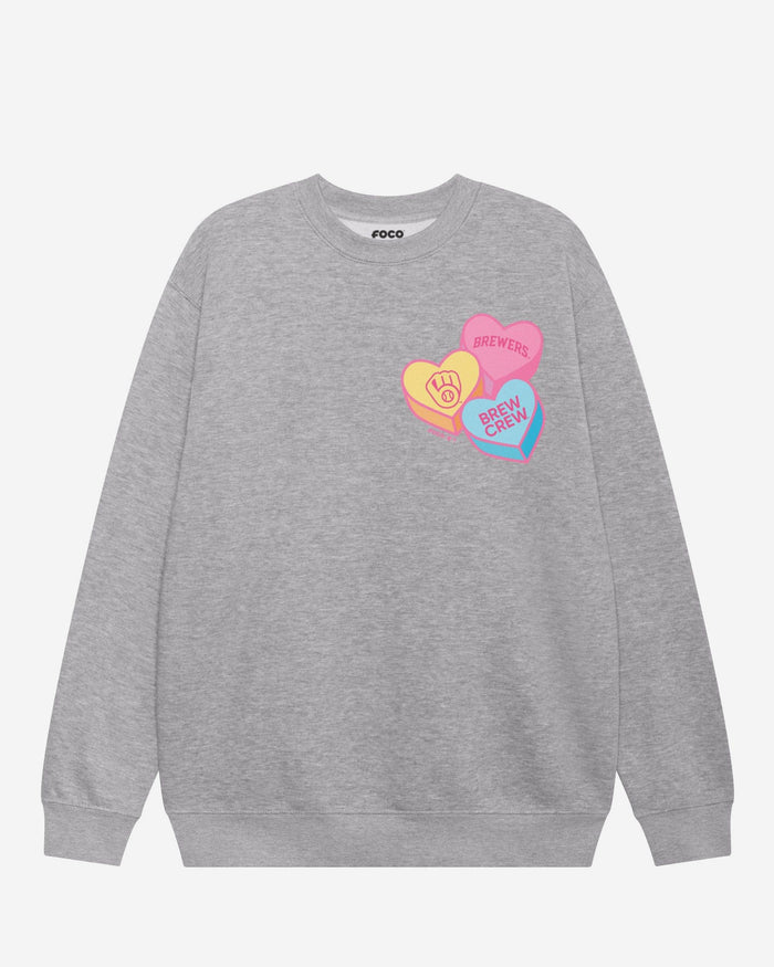 Milwaukee Brewers Candy Heart Crew Neck Sweatshirt FOCO Athletic Heather S - FOCO.com