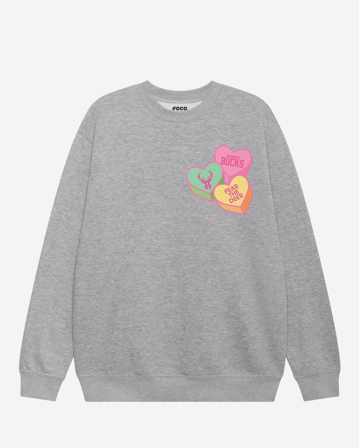Milwaukee Bucks Candy Heart Crew Neck Sweatshirt FOCO Athletic Heather S - FOCO.com