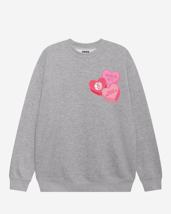 Brooklyn Nets Candy Heart Crew Neck Sweatshirt FOCO Athletic Heather S - FOCO.com