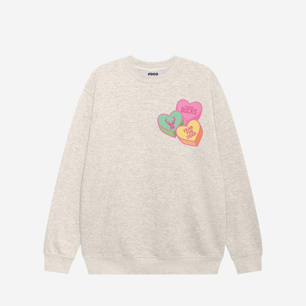 Milwaukee Bucks Candy Heart Crew Neck Sweatshirt FOCO Oatmeal Heather S - FOCO.com