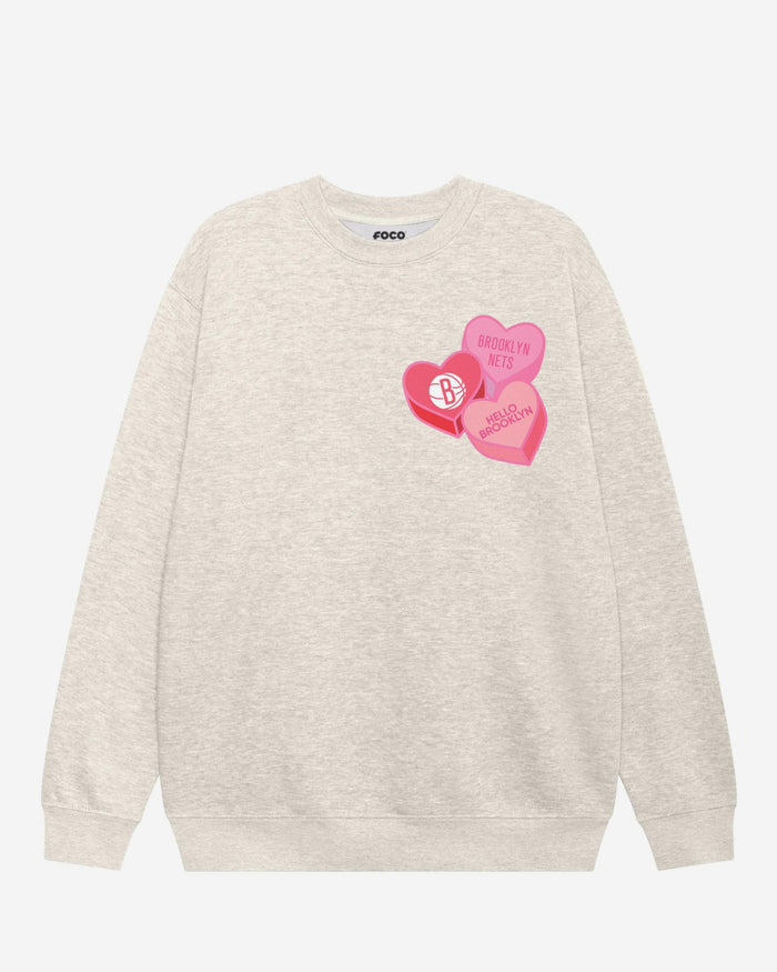 Brooklyn Nets Candy Heart Crew Neck Sweatshirt FOCO Oatmeal Heather S - FOCO.com