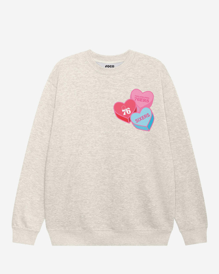 Philadelphia 76ers Candy Heart Crew Neck Sweatshirt FOCO Oatmeal Heather S - FOCO.com