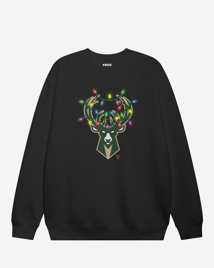 Milwaukee Bucks Primary Logo Holiday Lights Crew Neck Sweatshirt FOCO S - FOCO.com