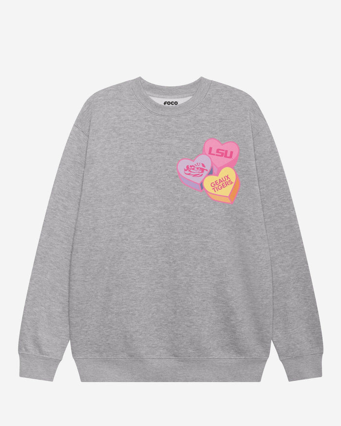 LSU Tigers Candy Heart Crew Neck Sweatshirt FOCO Athletic Heather S - FOCO.com