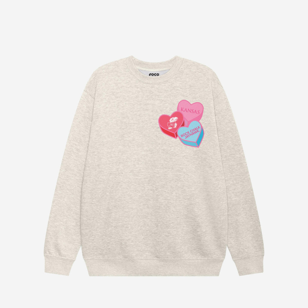 Kansas Jayhawks Candy Heart Crew Neck Sweatshirt FOCO Oatmeal Heather S - FOCO.com