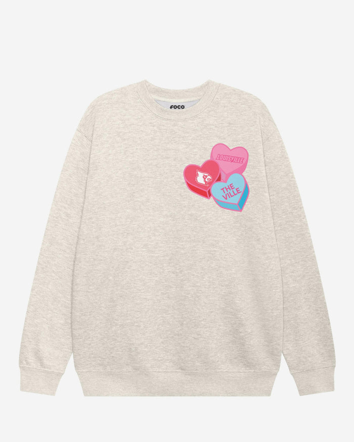 Louisville Cardinals Candy Heart Crew Neck Sweatshirt FOCO Oatmeal Heather S - FOCO.com