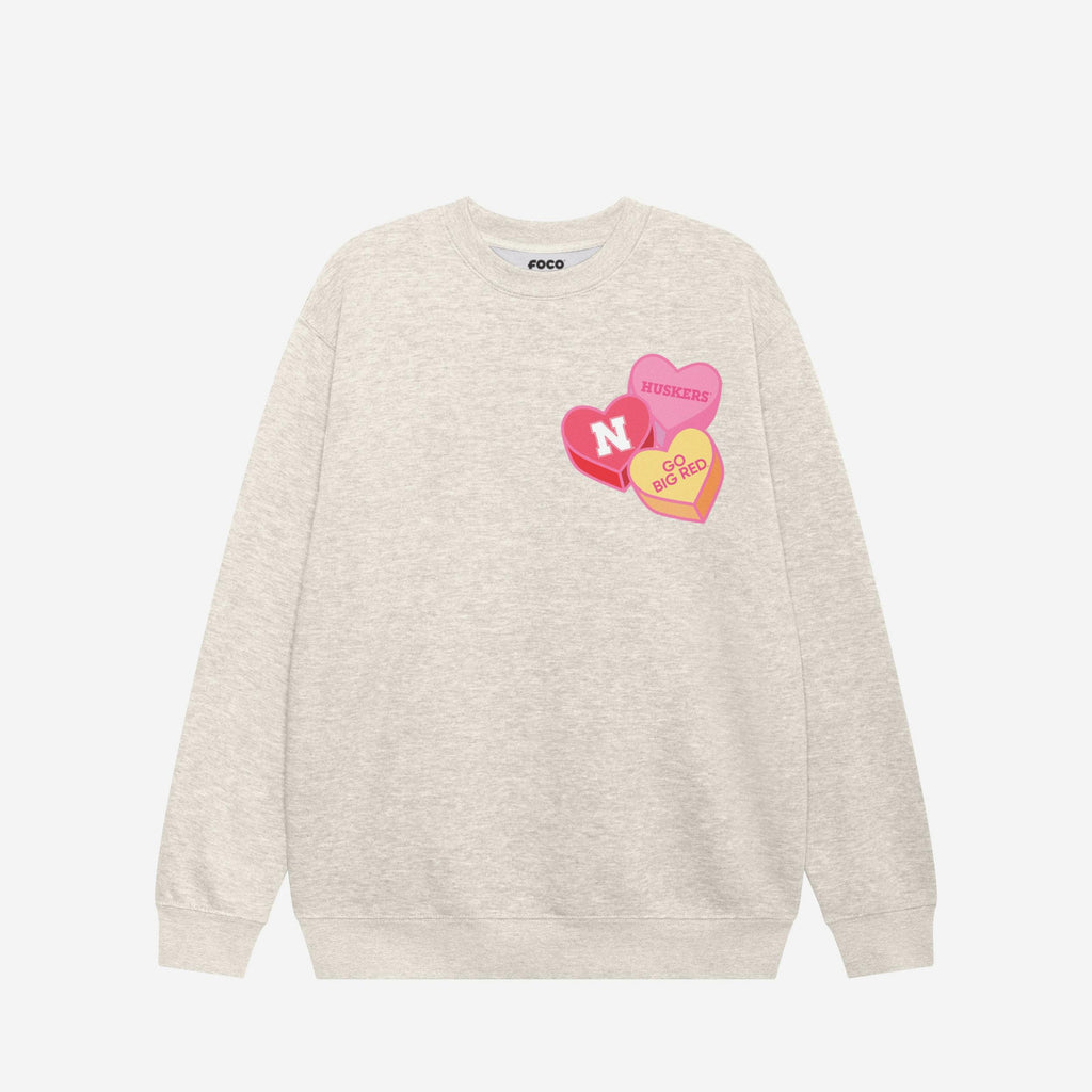 Nebraska Cornhuskers Candy Heart Crew Neck Sweatshirt FOCO Oatmeal Heather S - FOCO.com