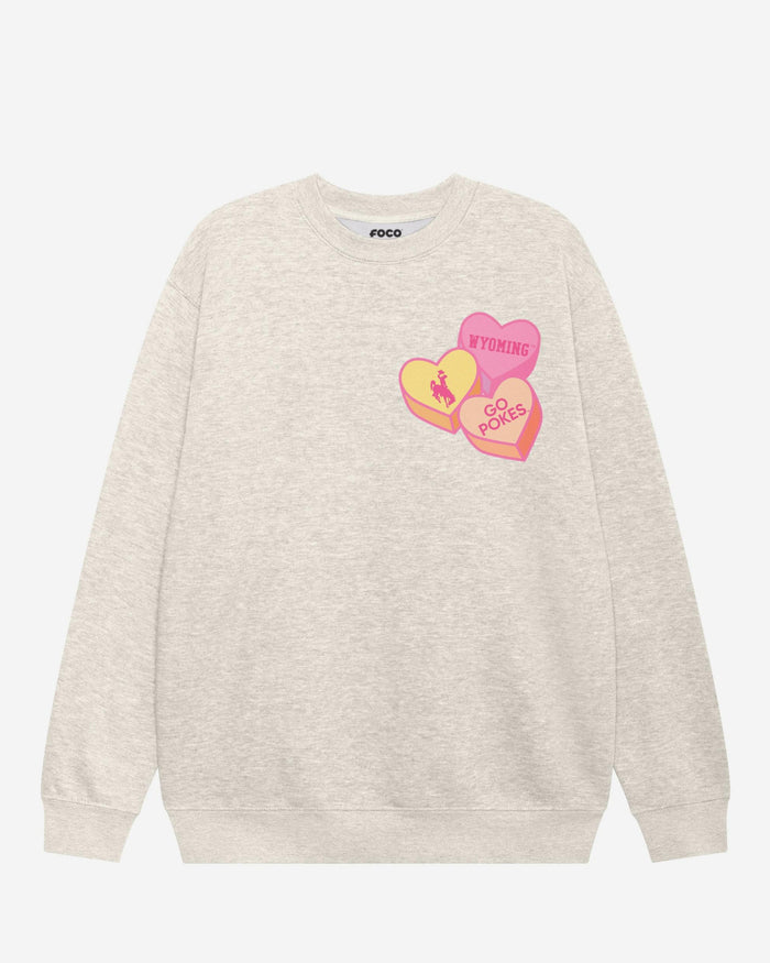 Wyoming Cowboys Candy Heart Crew Neck Sweatshirt FOCO Oatmeal Heather S - FOCO.com