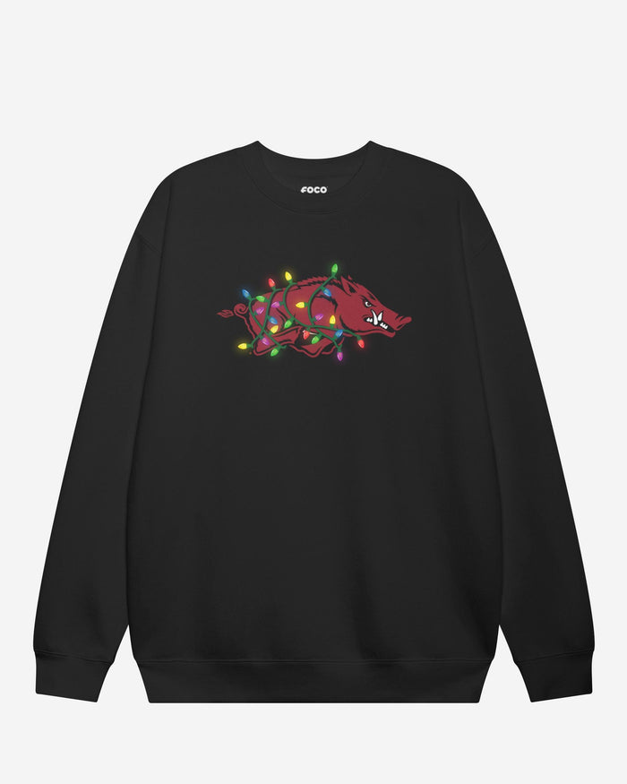 Arkansas Razorbacks Primary Logo Holiday Lights Crew Neck Sweatshirt FOCO S - FOCO.com