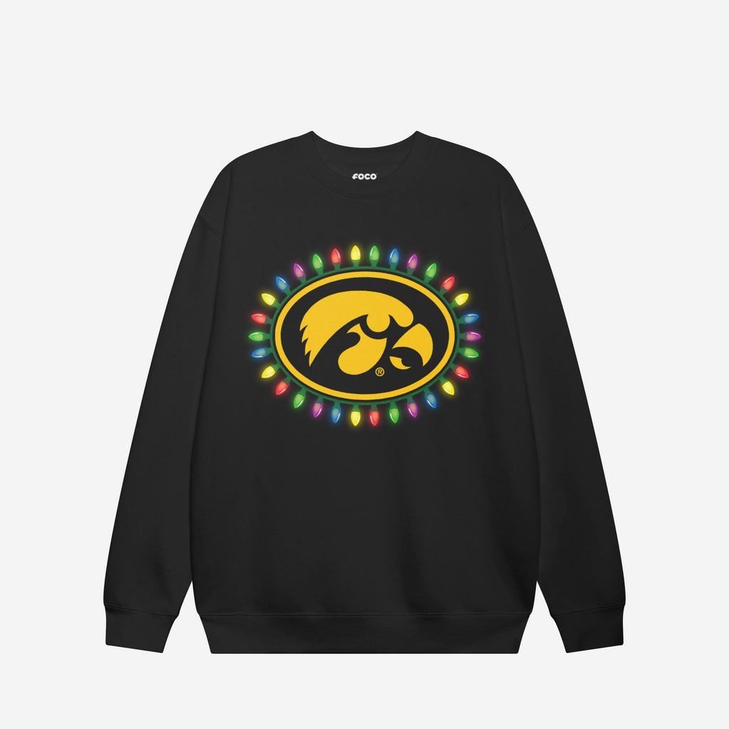 Iowa Hawkeyes Primary Logo Holiday Lights Crew Neck Sweatshirt FOCO S - FOCO.com