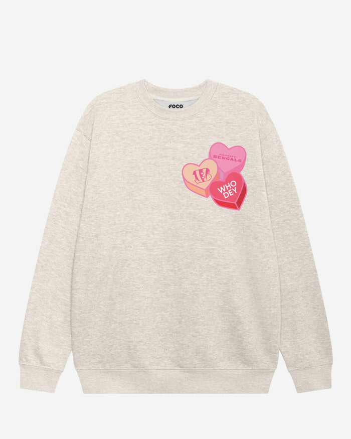 Cincinnati Bengals Candy Heart Crew Neck Sweatshirt FOCO Oatmeal Heather S - FOCO.com