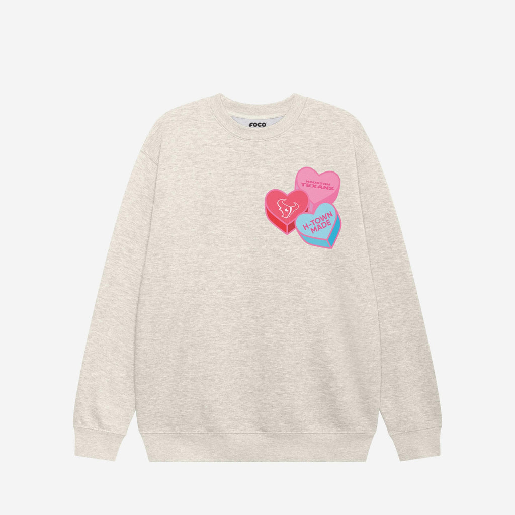 Houston Texans Candy Heart Crew Neck Sweatshirt FOCO Oatmeal Heather S - FOCO.com