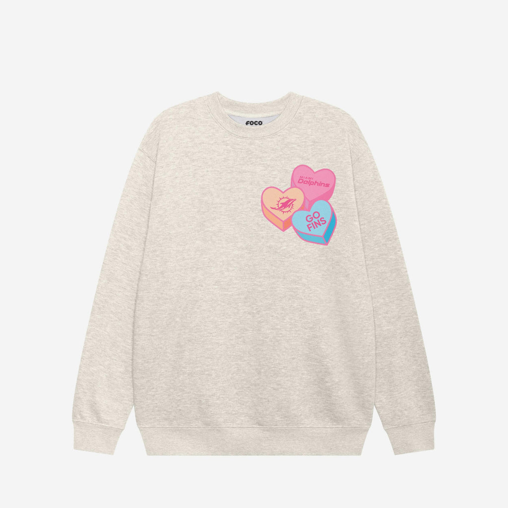 Miami Dolphins Candy Heart Crew Neck Sweatshirt FOCO Oatmeal Heather S - FOCO.com
