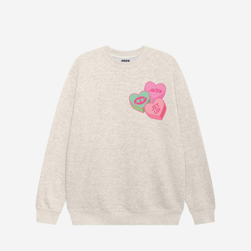 New York Jets Candy Heart Crew Neck Sweatshirt FOCO Oatmeal Heather S - FOCO.com