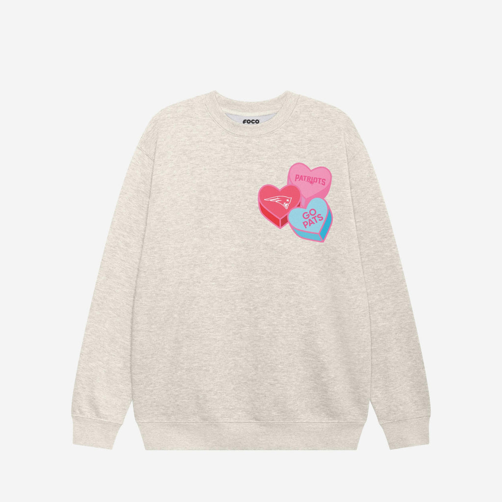 New England Patriots Candy Heart Crew Neck Sweatshirt FOCO Oatmeal Heather S - FOCO.com