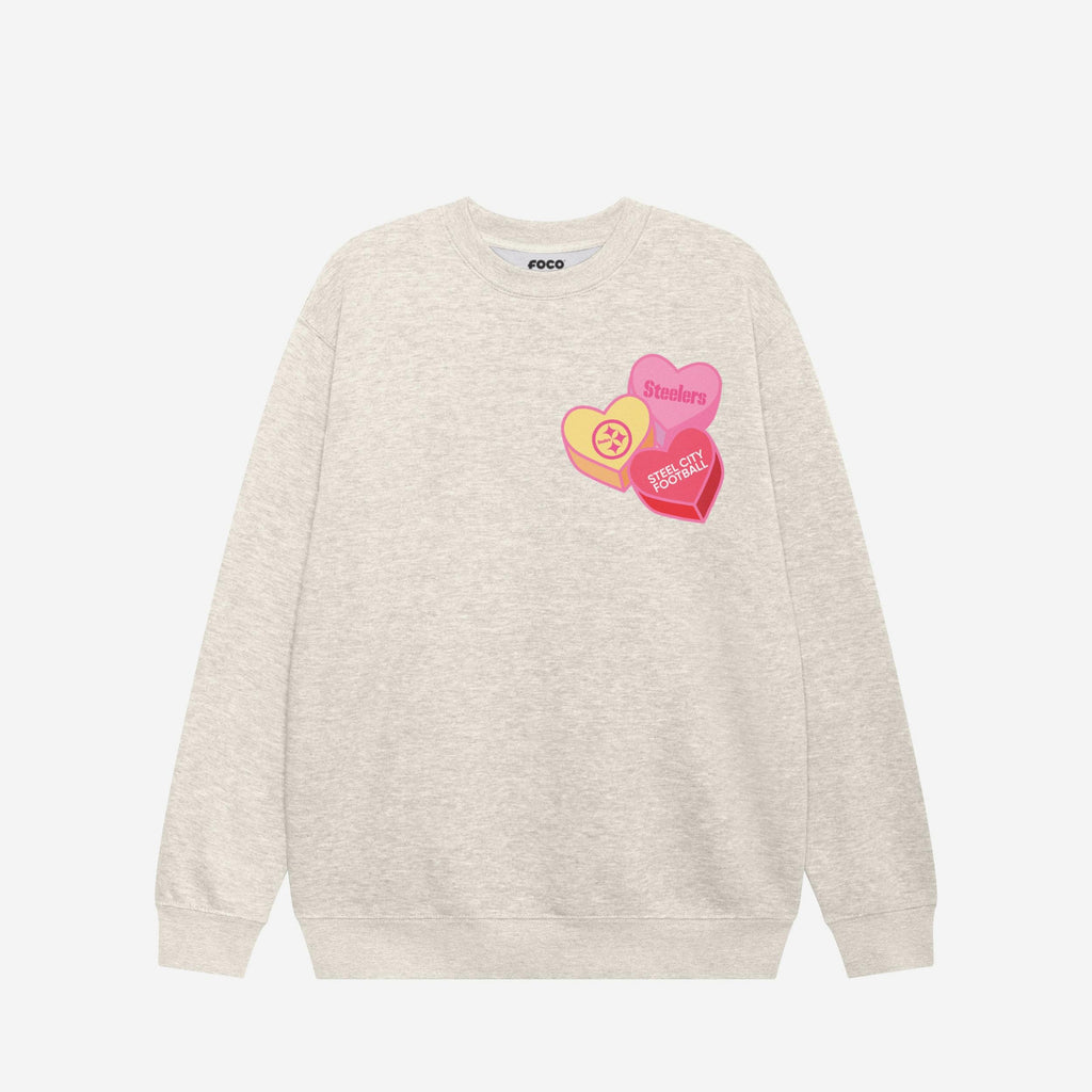 Pittsburgh Steelers Candy Heart Crew Neck Sweatshirt FOCO Oatmeal Heather S - FOCO.com