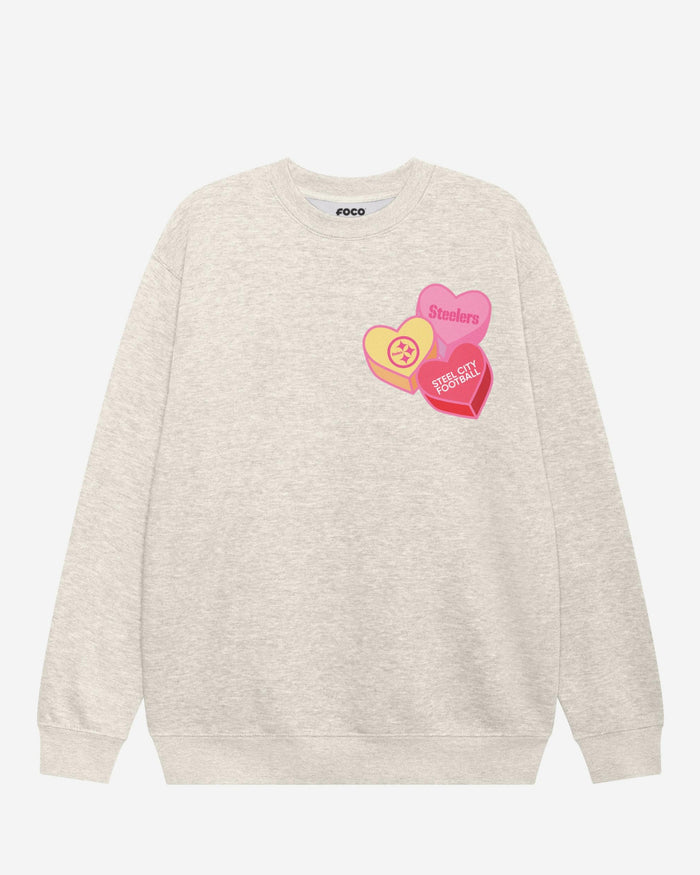 Pittsburgh Steelers Candy Heart Crew Neck Sweatshirt FOCO Oatmeal Heather S - FOCO.com