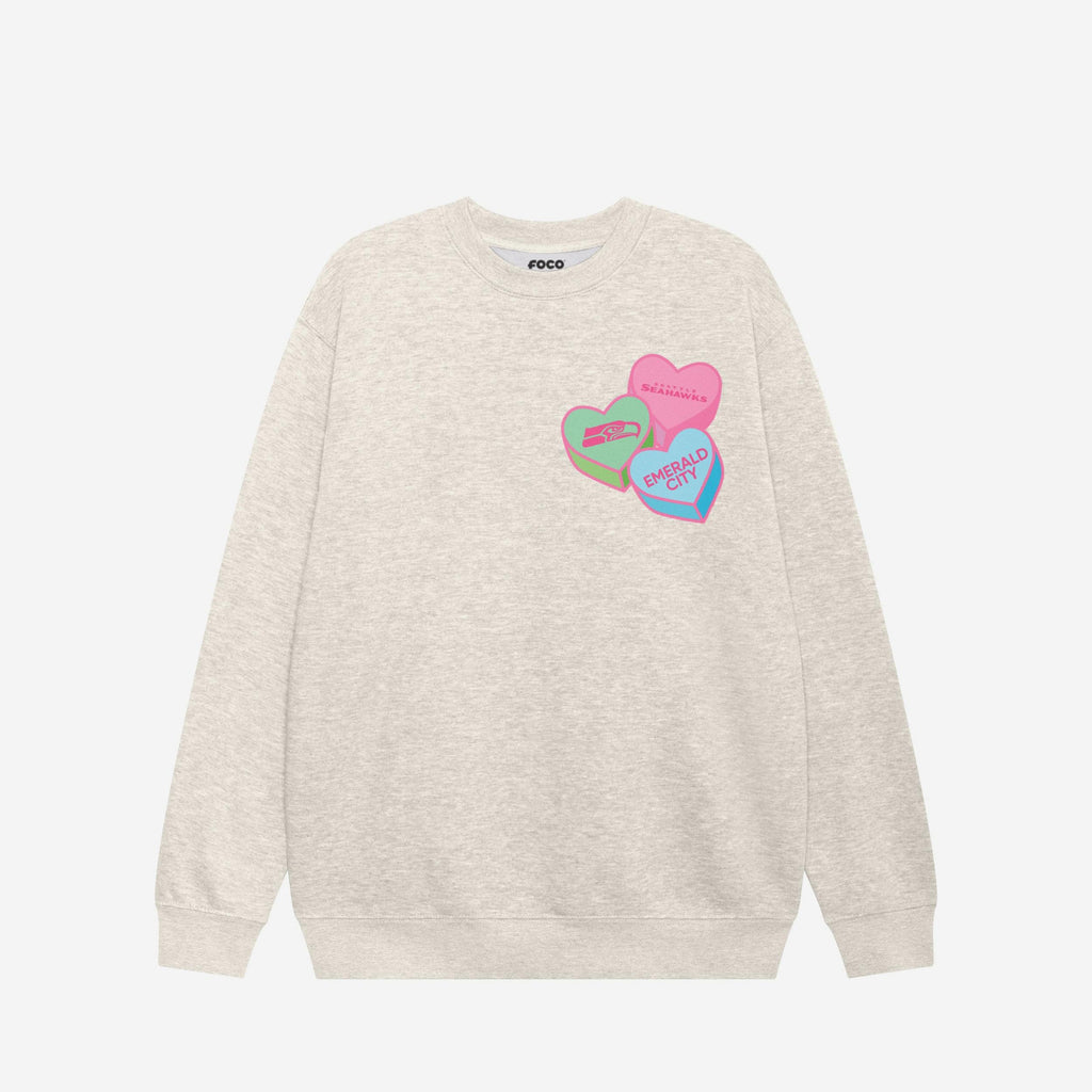 Seattle Seahawks Candy Heart Crew Neck Sweatshirt FOCO Oatmeal Heather S - FOCO.com