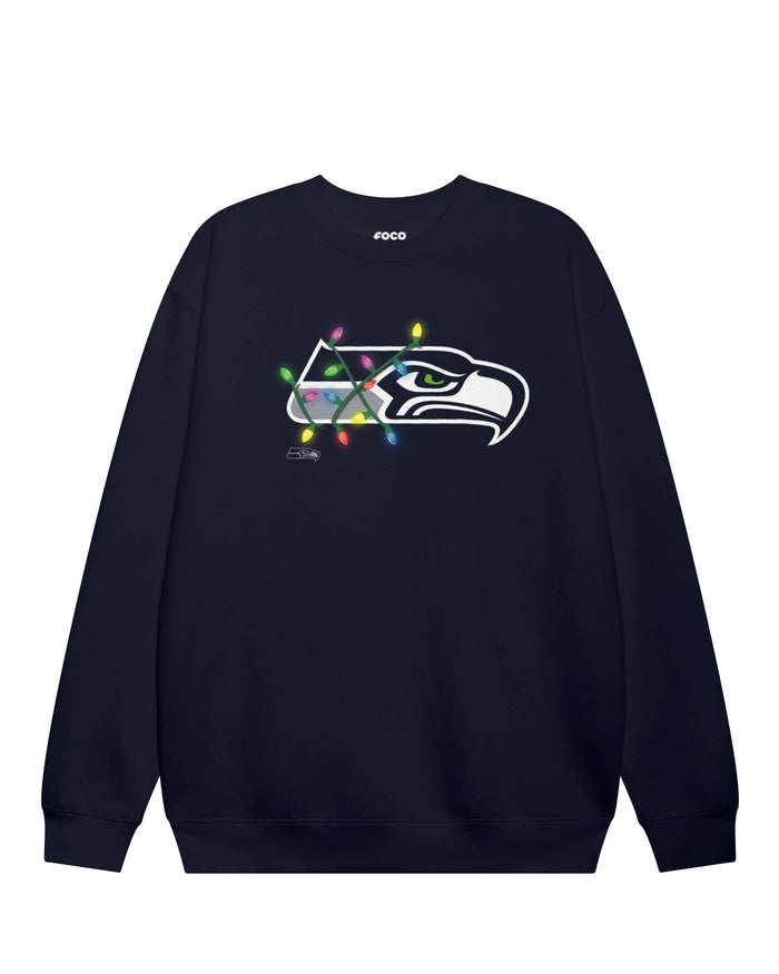 Seattle Seahawks Primary Logo Holiday Lights Crew Neck Sweatshirt
