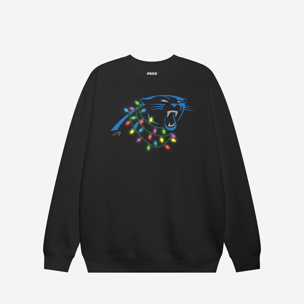 Carolina Panthers Primary Logo Holiday Lights Crew Neck Sweatshirt FOCO S - FOCO.com