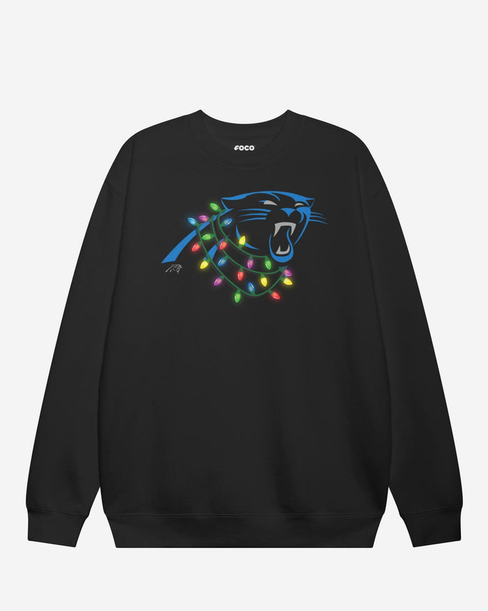 Carolina Panthers Primary Logo Holiday Lights Crew Neck Sweatshirt FOCO S - FOCO.com
