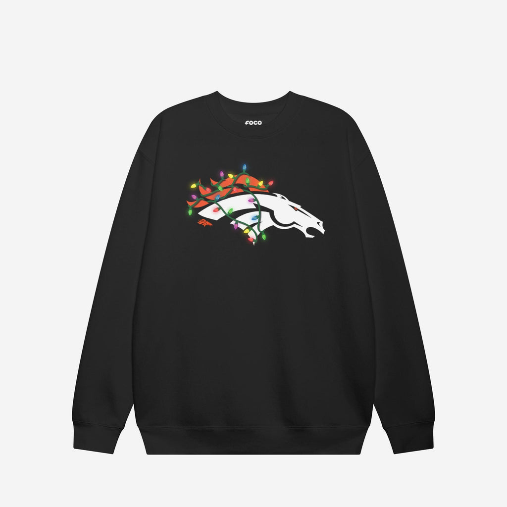 Denver Broncos Primary Logo Holiday Lights Crew Neck Sweatshirt FOCO S - FOCO.com
