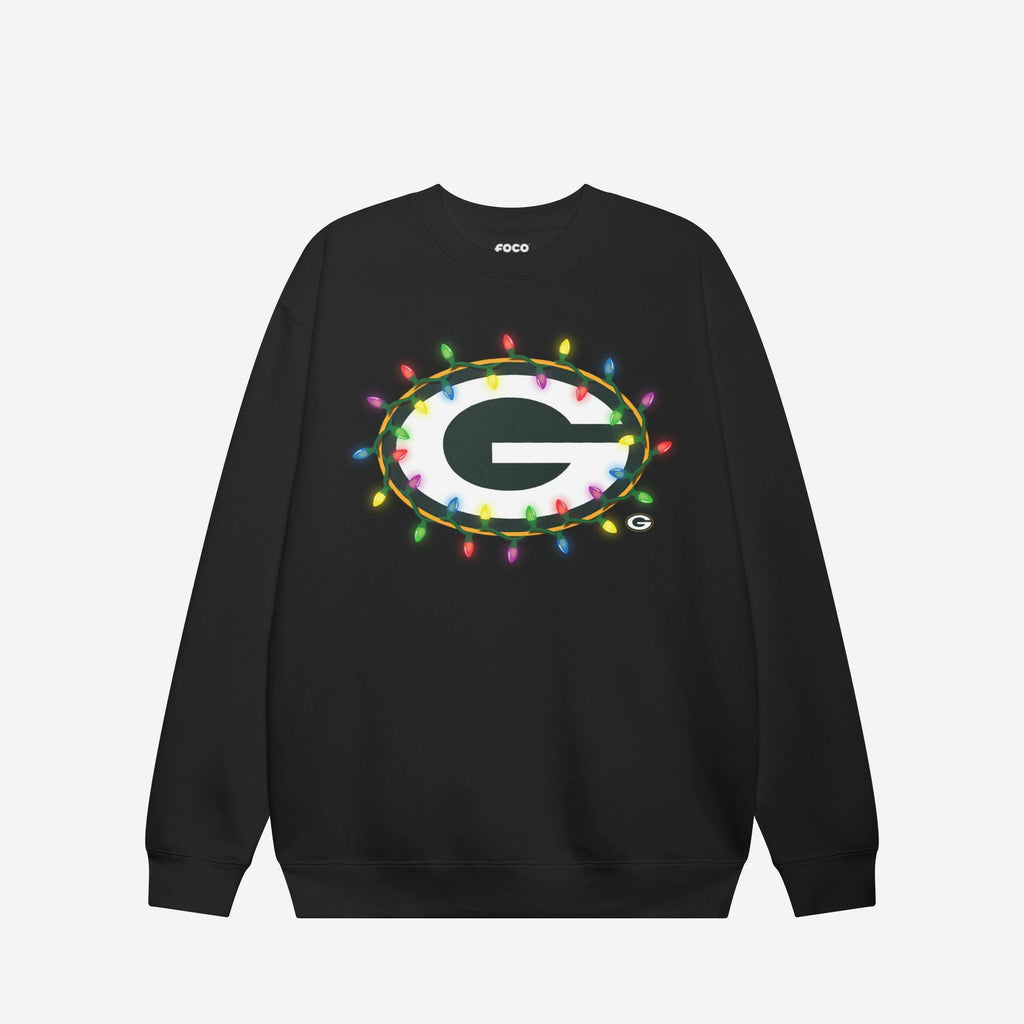 Green Bay Packers Primary Logo Holiday Lights Crew Neck Sweatshirt FOCO S - FOCO.com